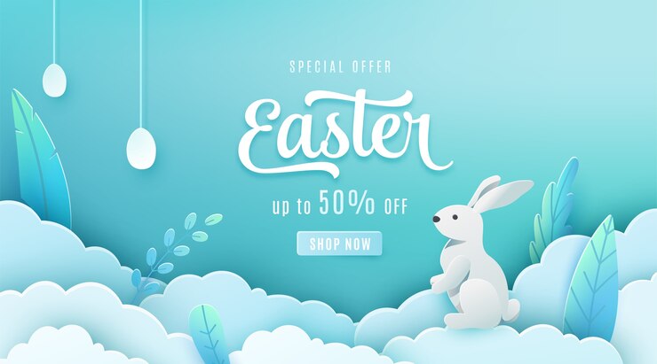 Banner di vendita di Pasqua. Modello di offerta sconto vacanza stile taglio carta