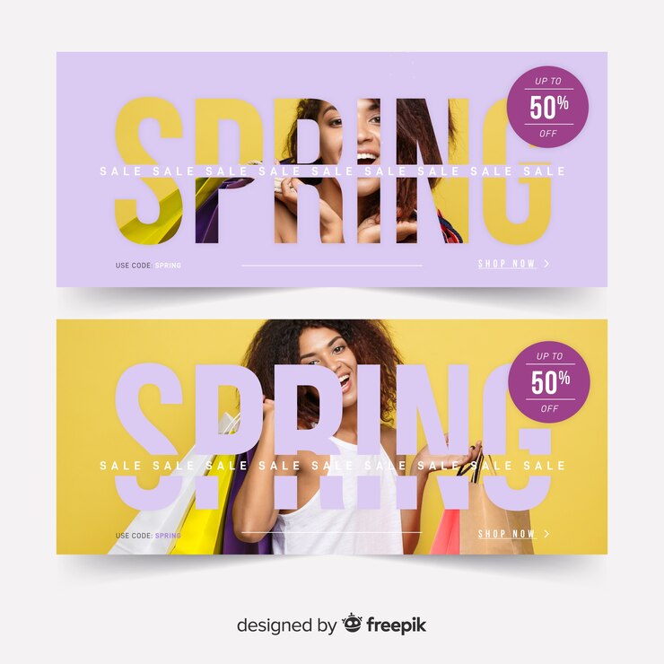 Vettore gratuito banner di vendita di primavera con foto
