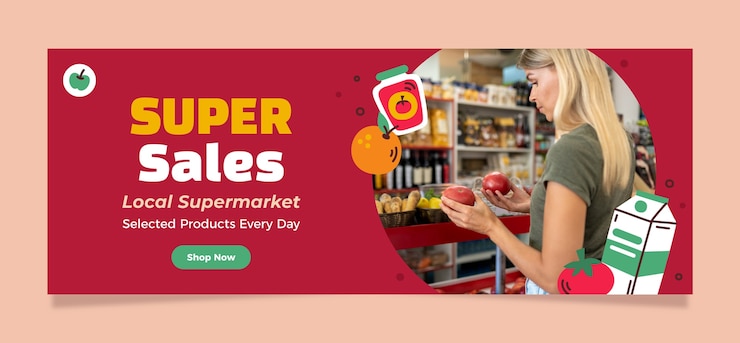 Vettore gratuito banner di vendita di un negozio di alimentari disegnato a mano