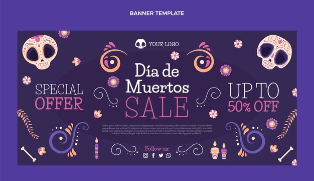 Banner di vendita orizzontale piatto dia de muertos disegnato a mano