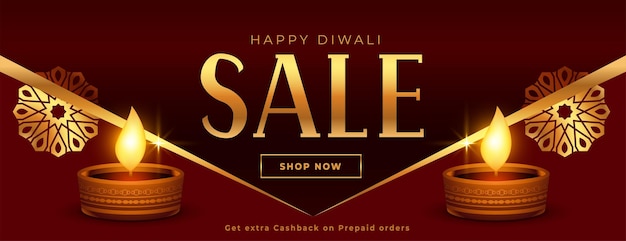 Banner di vendita promozionale diwali in stile premium con diya incandescente