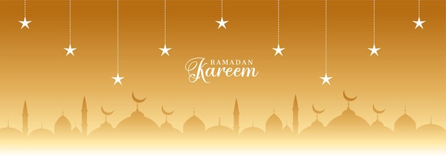 Banner dorato di ramadan kareem con stelle e moschea