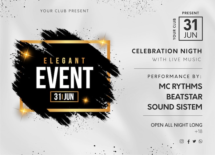 Vettore gratuito banner festa elegante evento con spruzzata nera