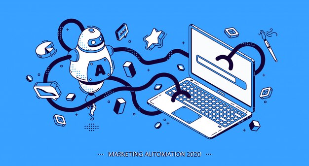 Banner isometrico 2020 di automazione del marketing, SEO