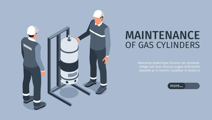 Vettore gratuito banner orizzontale a gas compresso isometrico con cursore di testo modificabile più pulsante e caratteri umani dell'illustrazione vettoriale degli ingegneri