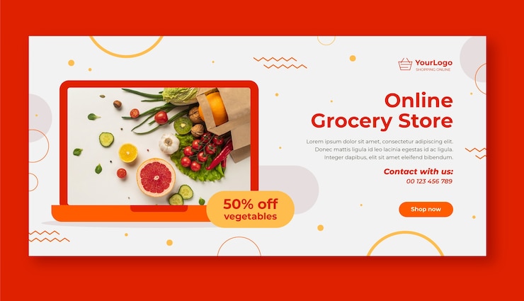 Vettore gratuito banner orizzontale del negozio di alimentari online design piatto
