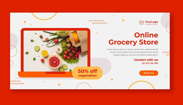 Banner orizzontale del negozio di alimentari online design piatto
