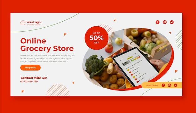 Banner orizzontale del negozio di alimentari online design piatto