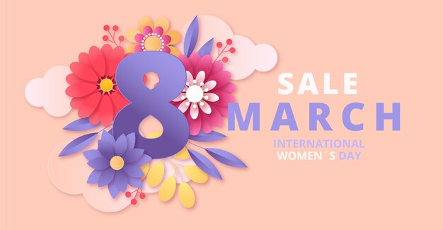 Banner orizzontale di vendita della giornata internazionale della donna in stile carta
