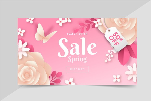 Banner orizzontale di vendita di primavera in stile carta