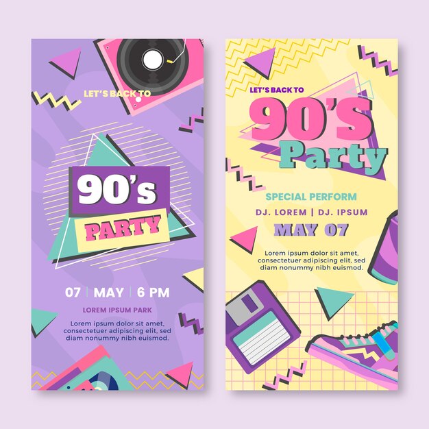 Banner per feste anni '90 dal design piatto disegnato a mano