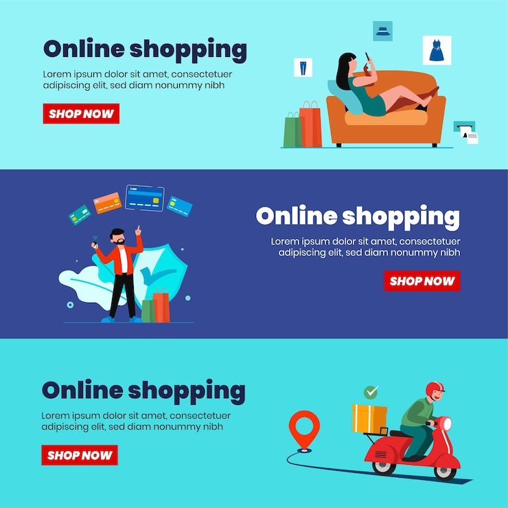 Vettore gratuito banner per lo shopping online, modelli di app mobili, concept design piatto