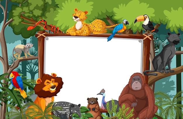 Banner vuoto nella scena della foresta pluviale con animali selvatici