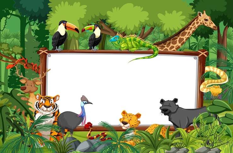 Vettore gratuito banner vuoto nella scena della foresta pluviale con animali selvatici