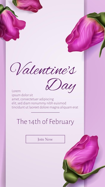 Banner web di San Valentino, invito con fiori di rosa rosa su sfondo lilla con tipografia e pulsante unisciti a noi. Layout grafico romantico, cartolina, invito a una festa con fiori, modello vettoriale 3d