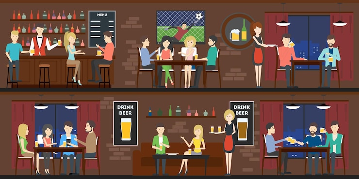 Vettore gratuito bar all'interno con visitatori e baristi birra fresca e calcio dal vivo