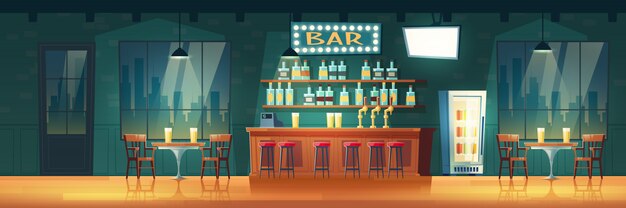 Bar o pub vuoto della città al retro interno del fumetto di sera