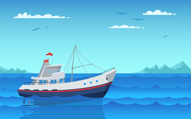 Barca da pesca moderna nave vuota che galleggia sulle onde vista laterale Trasporto commerciale dell'industria della pesca nella baia