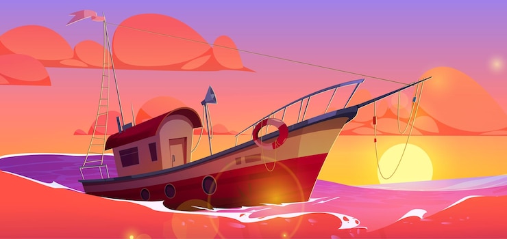 Vettore gratuito barca del fumetto che galleggia sullo sfondo del tramonto del mare