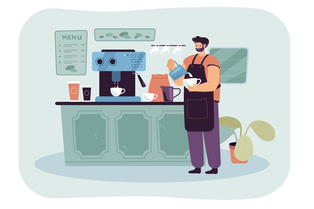 Barista che indossa un grembiule che versa il latte montato nell'espresso