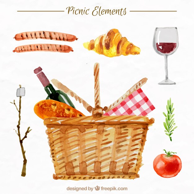 Basket con elementi pic-nic a effetto acquerello