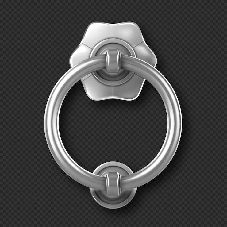 Vettore gratuito battente realistico, maniglia d'argento, pomello ad anello, maniglia in metallo vintage, illustrazione dell'elemento in ferro lucido