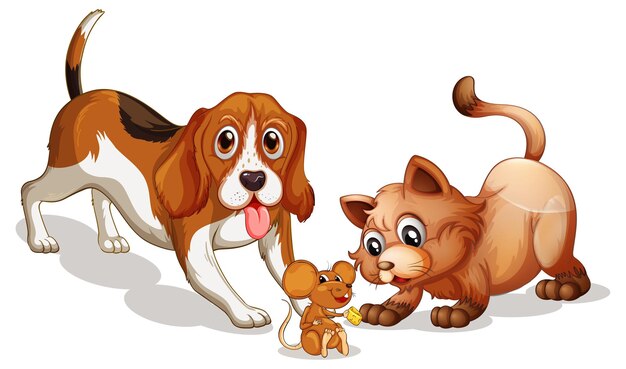 Beagle cane e gatto cartone animato su sfondo bianco