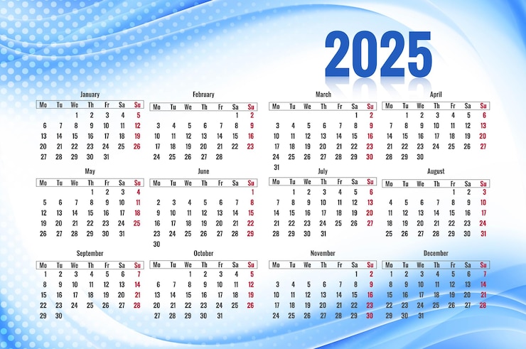 Vettore gratuito bel modello di calendario per il 2025 in stile moderno con disegno a onde colorate