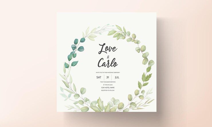 Vettore gratuito bella carta di invito a nozze con decorazione a foglia