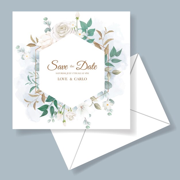 Bella carta di invito a nozze floreale e foglie