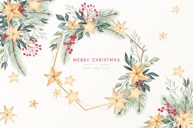 Bella cartolina d'auguri di natale dell'acquerello con cornice dorata