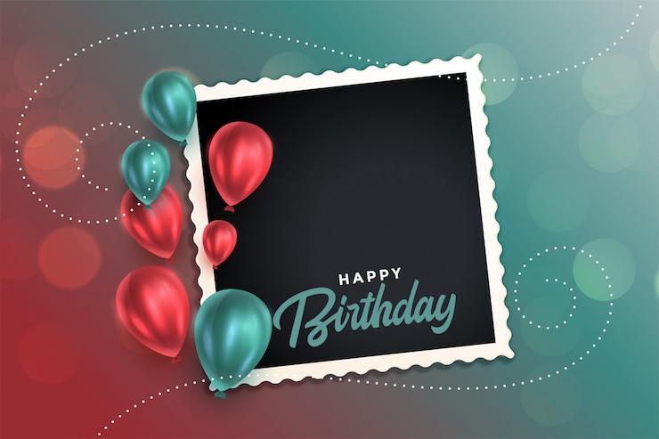 Vettore gratuito bella cartolina di compleanno con palloncini e cornice fotografica