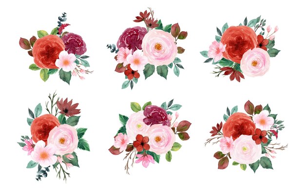 Bella collezione di bouquet floreale ad acquerello rosso e rosa