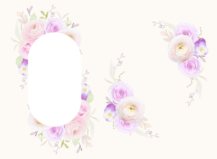 Vettore gratuito bella cornice floreale con ranuncolo di rose dell'acquerello e fiore viola del pensiero