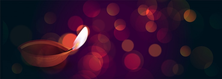 Vettore gratuito bella diwali diya sul banner di luci bokeh
