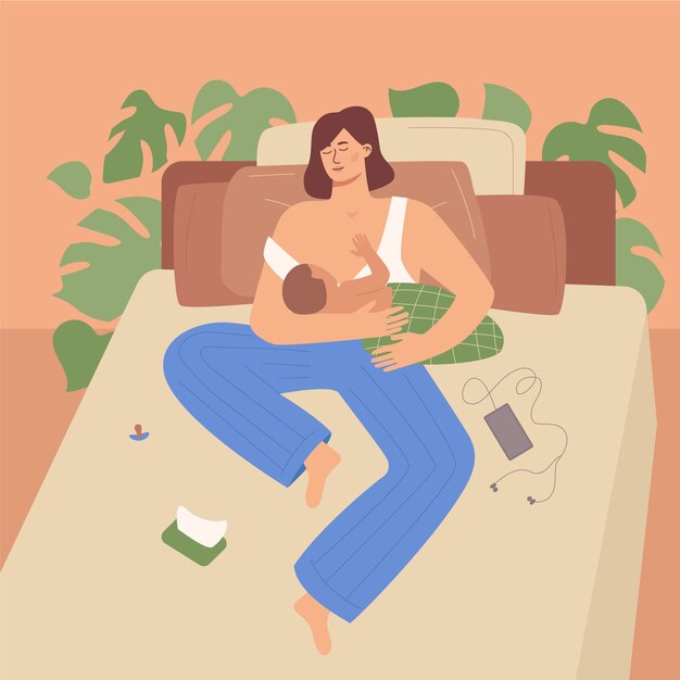 Bella donna con il suo bambino che allatta illustrato