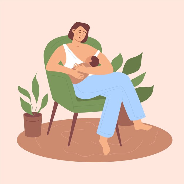 Bella donna con il suo bambino che allatta illustrato