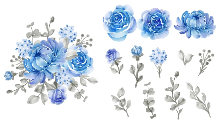 Vettore gratuito bella foglia e fiore isolati blu floreale