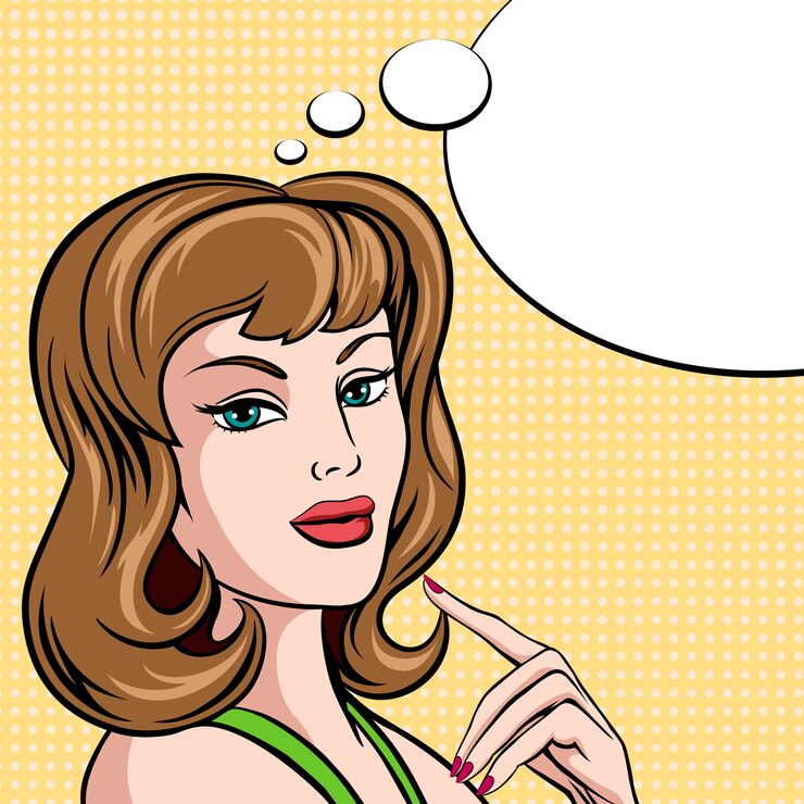 Vettore gratuito bella giovane donna in stile fumetto pop art con gli occhi verdi e capelli castani lunghi fino alle spalle con il dito sul mento e bolla di pensiero in bianco con illustrazione vettoriale copyspace