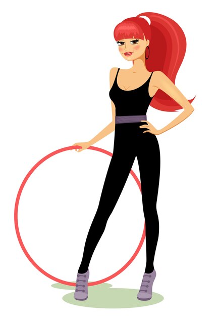 Bella giovane ragazza rossa in forma con i suoi capelli in una coda di cavallo e un corpo snello e tonico in posa tenendo un hula hoop in un'illustrazione di vettore di concetto di salute e fitness su bianco