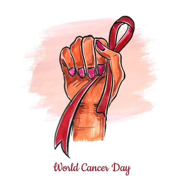 Bella mano con il nastro dello sfondo della giornata mondiale del cancro