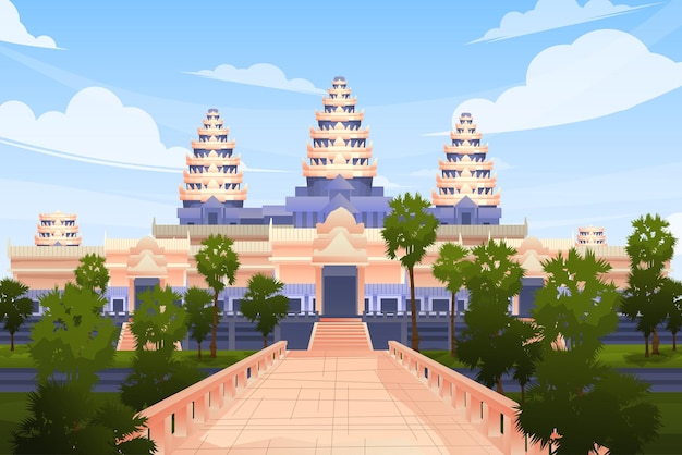 Bella scena con Angkor Wat in Cambogia, uno dei famosi punti di riferimento in Asia attrazione turistica cartolina o poster di viaggio, illustrazione vettoriale.