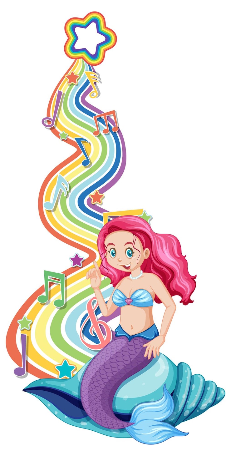 Vettore gratuito bella sirena con simboli di melodia sull'arcobaleno