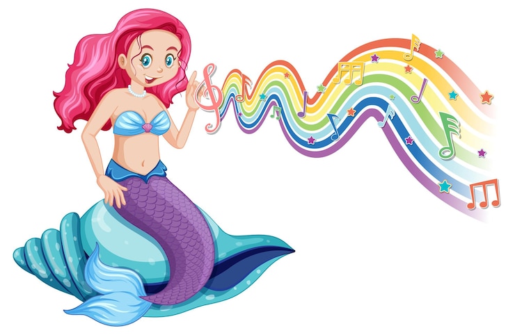 Vettore gratuito bella sirena con simboli di melodia sull'onda arcobaleno