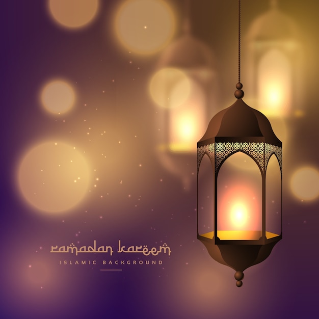 Belle lampade appese sullo sfondo bokeh offuscata per Ramadan Kareem
