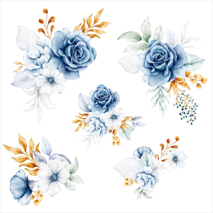 Vettore gratuito bellissimo bouquet floreale bianco blu e oro