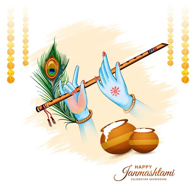 Bellissimo felice janmashtami con il Signore Krishna che suona la mano del bansuri design del festival