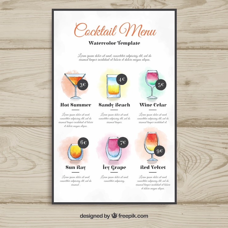 Vettore gratuito bellissimo modello di menu cocktail