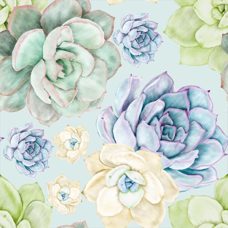 Vettore gratuito bellissimo motivo ad acquerello di fiori succulenti senza cuciture