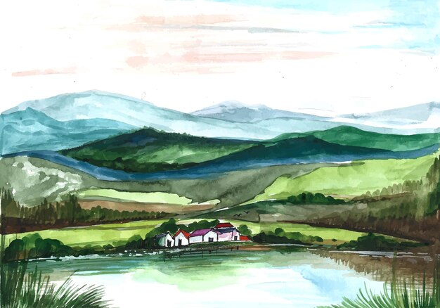 Bellissimo paesaggio di montagna disegnare a mano la pittura sullo sfondo
